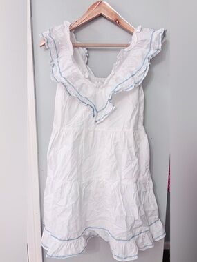 English Factory White Ruffle Mini Dress Blue Trim Tiered Cottagecore Size S